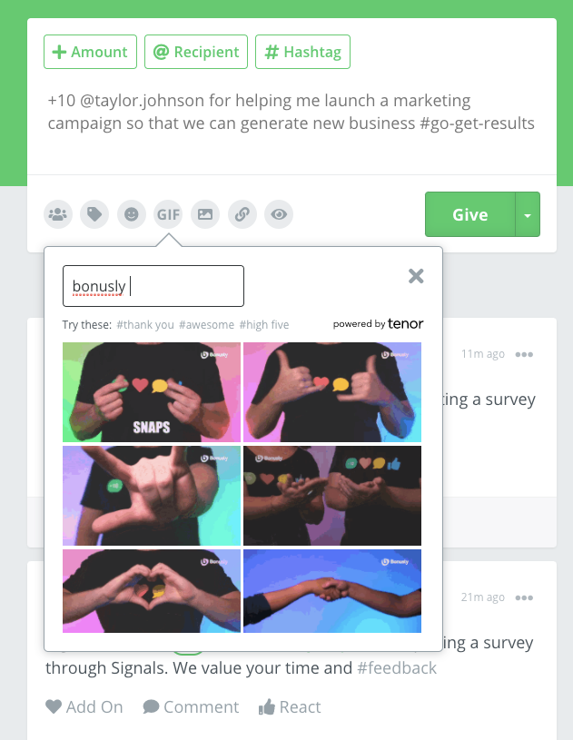 Bonusly product screenshot showing GIF picker functionality.